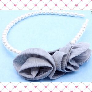 5/$25 Pearl Headband and grey fabric flower accent